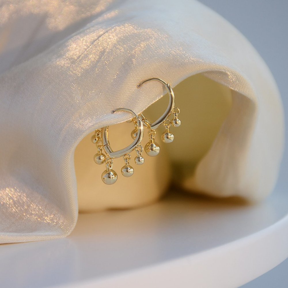 NEW 14K Gold Plated Bead Drop Huggie Hoop Earrings - Picture 2 of 8